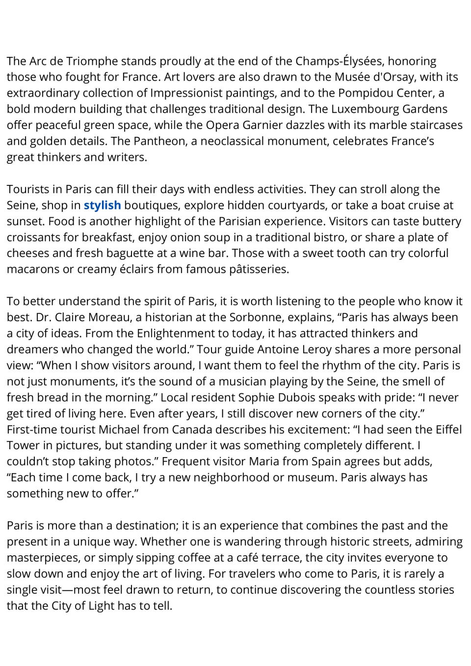 Paris reading passage, part 2: landmarks, tourist activities, foods, and comments from residents and visitors.