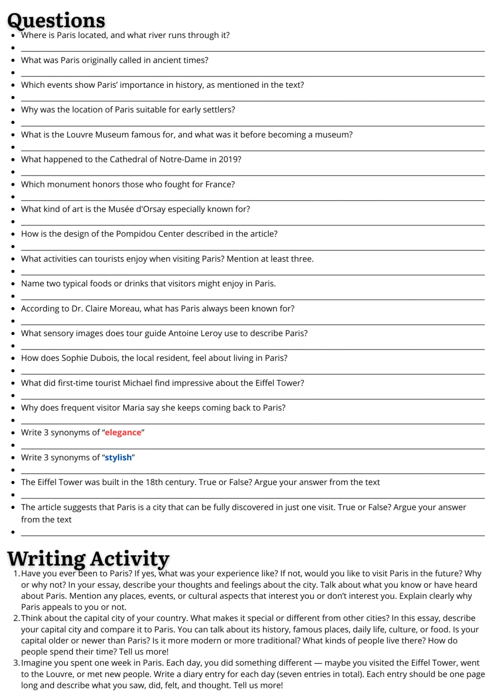 Paris passage follow-up: 20 comprehension and vocabulary questions plus three essay and diary writing prompts.