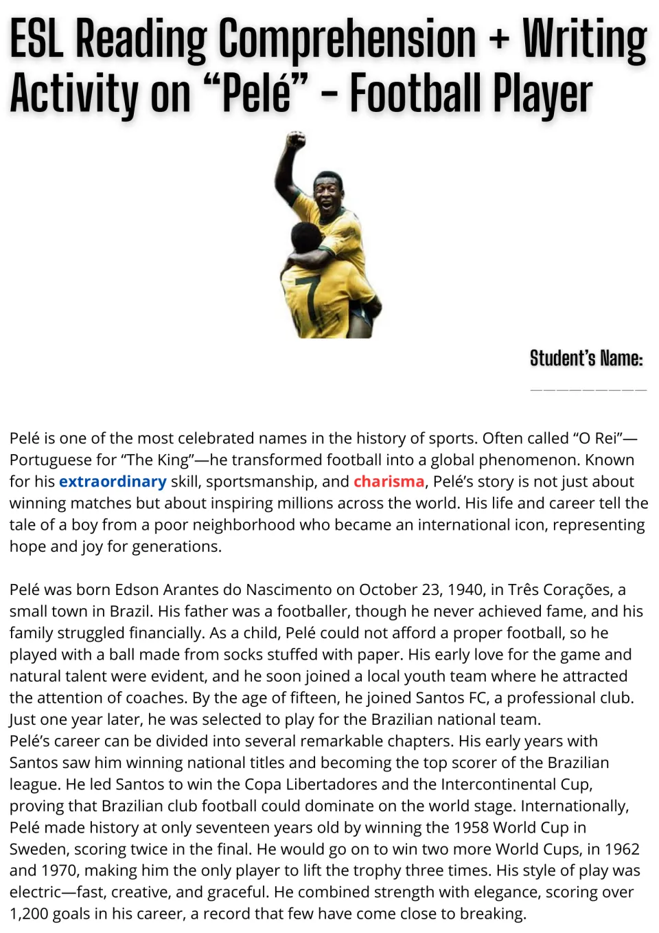 Opening ESL reading passage on Pelé: his childhood in Brazil, Santos FC career, and three World Cup wins.