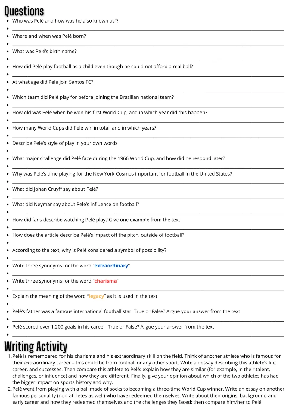 Pelé reading follow-up: 21 comprehension and vocabulary questions plus two comparative essay prompts.