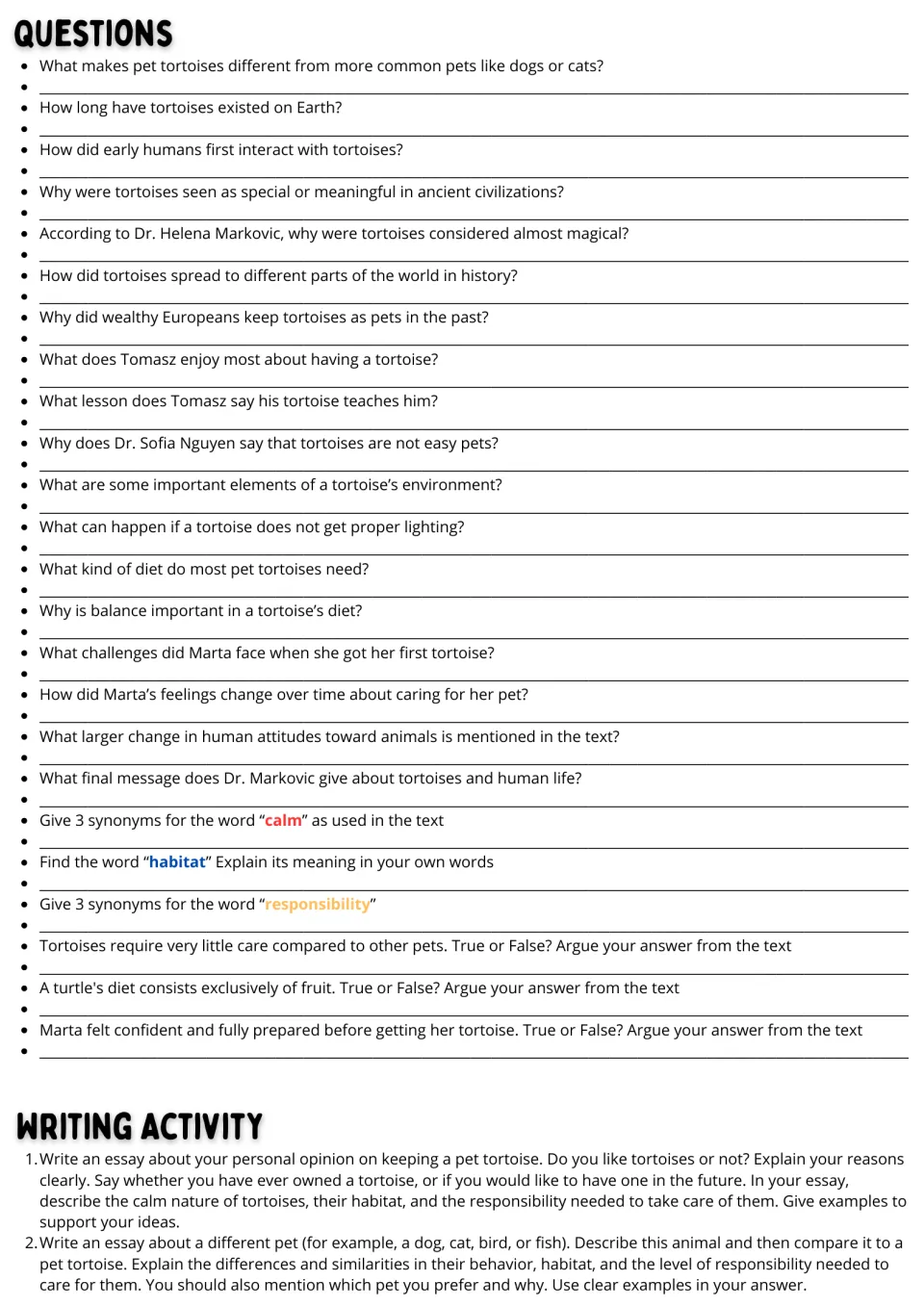 Pet tortoise reading follow-up: 24 comprehension and vocabulary questions plus two essay writing prompts.