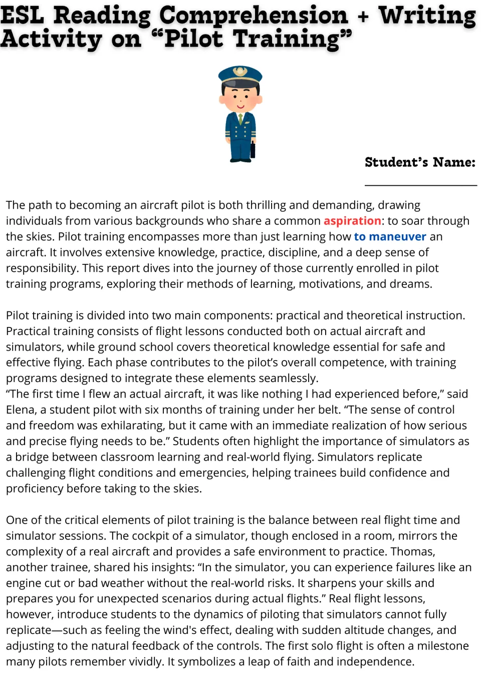Pilot training reading passage, part 1: students read about flight lessons, simulators and trainee quotes, with key words