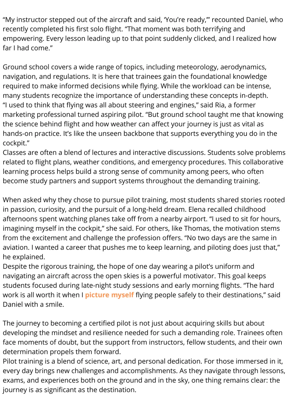 Pilot training passage, part 2: students read about ground school, trainee motivations and Daniel's first solo flight