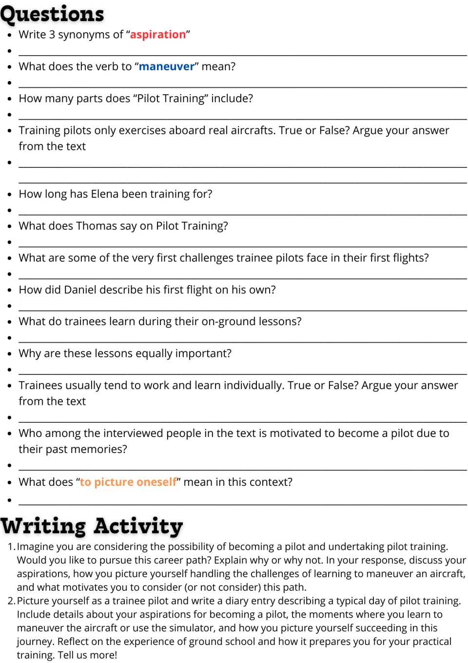 Pilot training questions: students answer 13 vocabulary and comprehension items, then respond to 2 writing prompts
