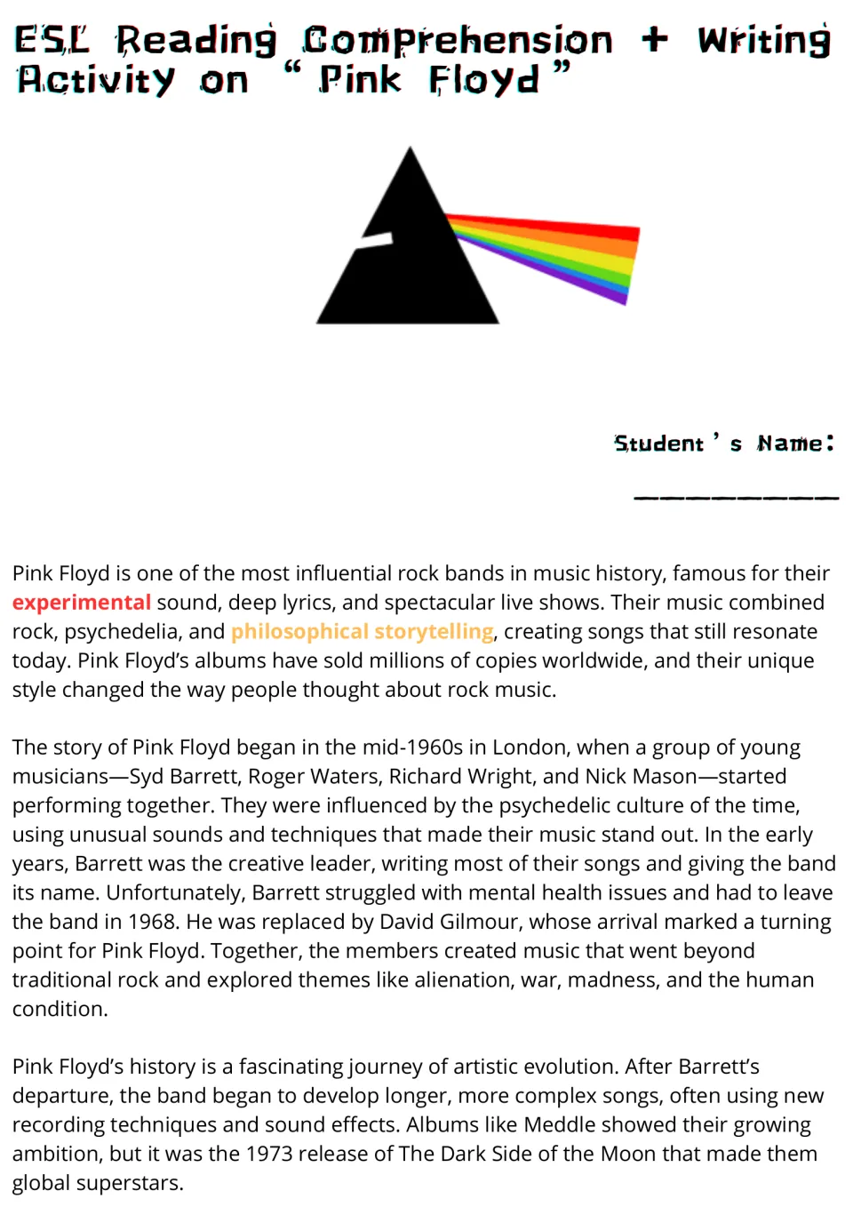Pink Floyd reading passage opens with a prism graphic, a name line and the band's 1960s London start and Syd Barrett's exit