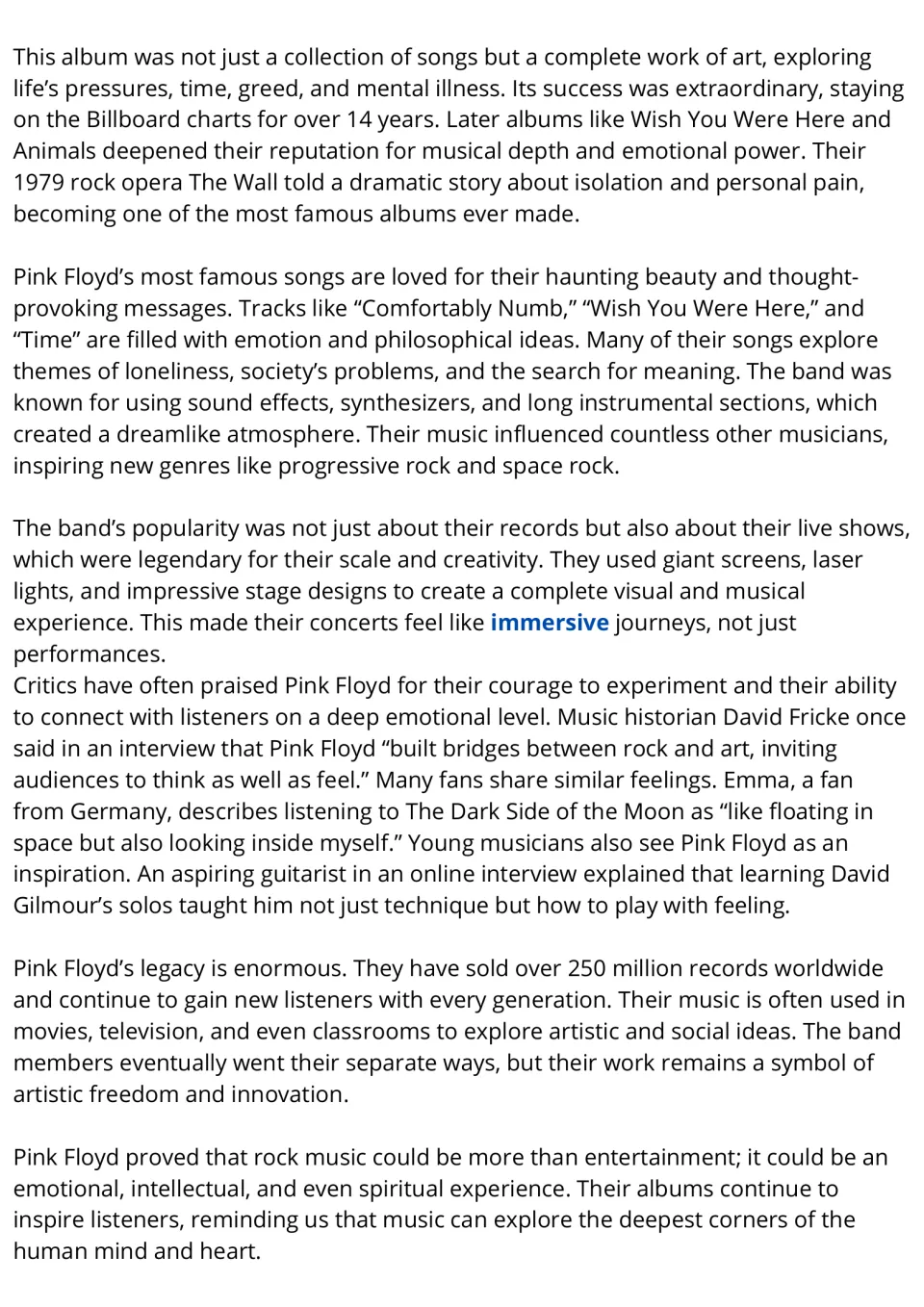 Passage continues on The Dark Side of the Moon, The Wall, famous songs, laser-lit live shows, fan quotes and legacy
