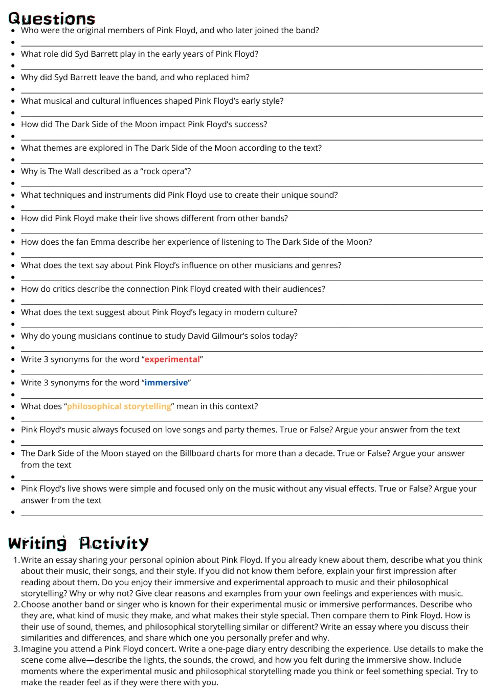 Pink Floyd questions: 20 comprehension, synonym and true-or-false items, then three essay and diary-entry writing prompts