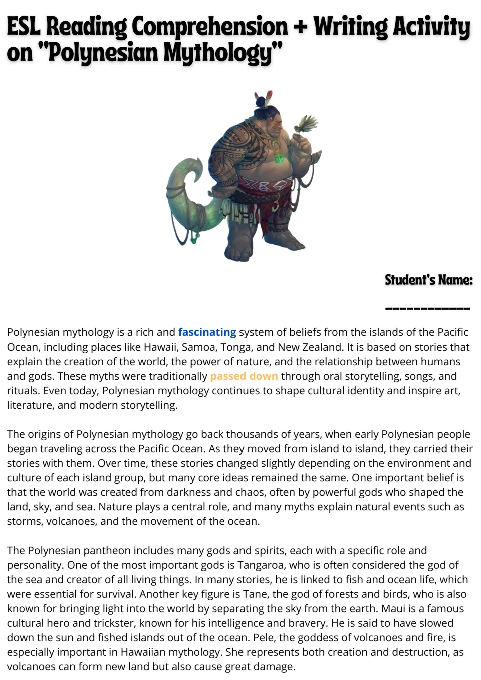 Reading passage opening: Polynesian mythology's origins, oral traditions, Tangaroa, Tane, Maui, and Pele.