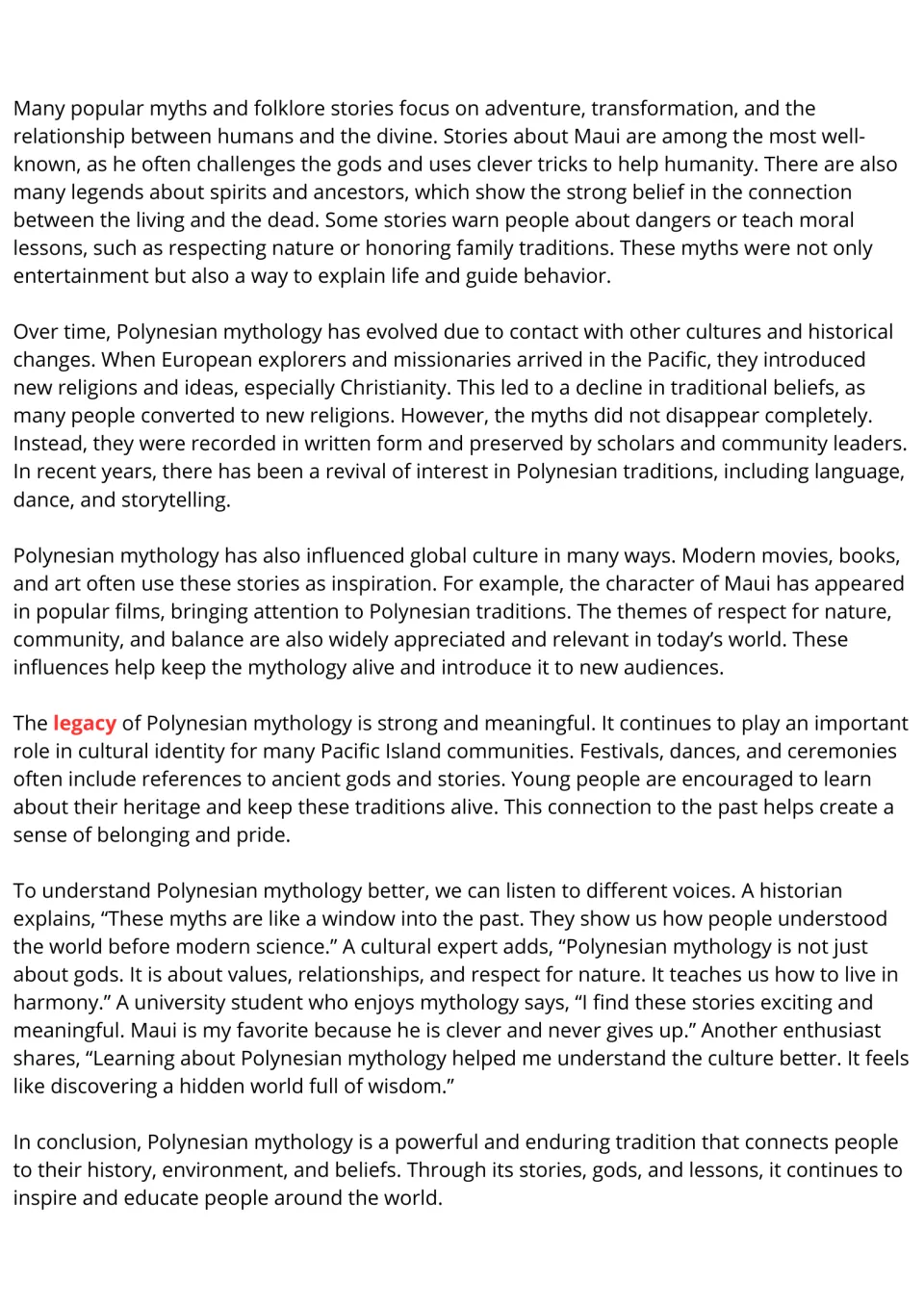 Reading passage conclusion: Polynesian myths, European contact, modern influences, and cultural legacy.