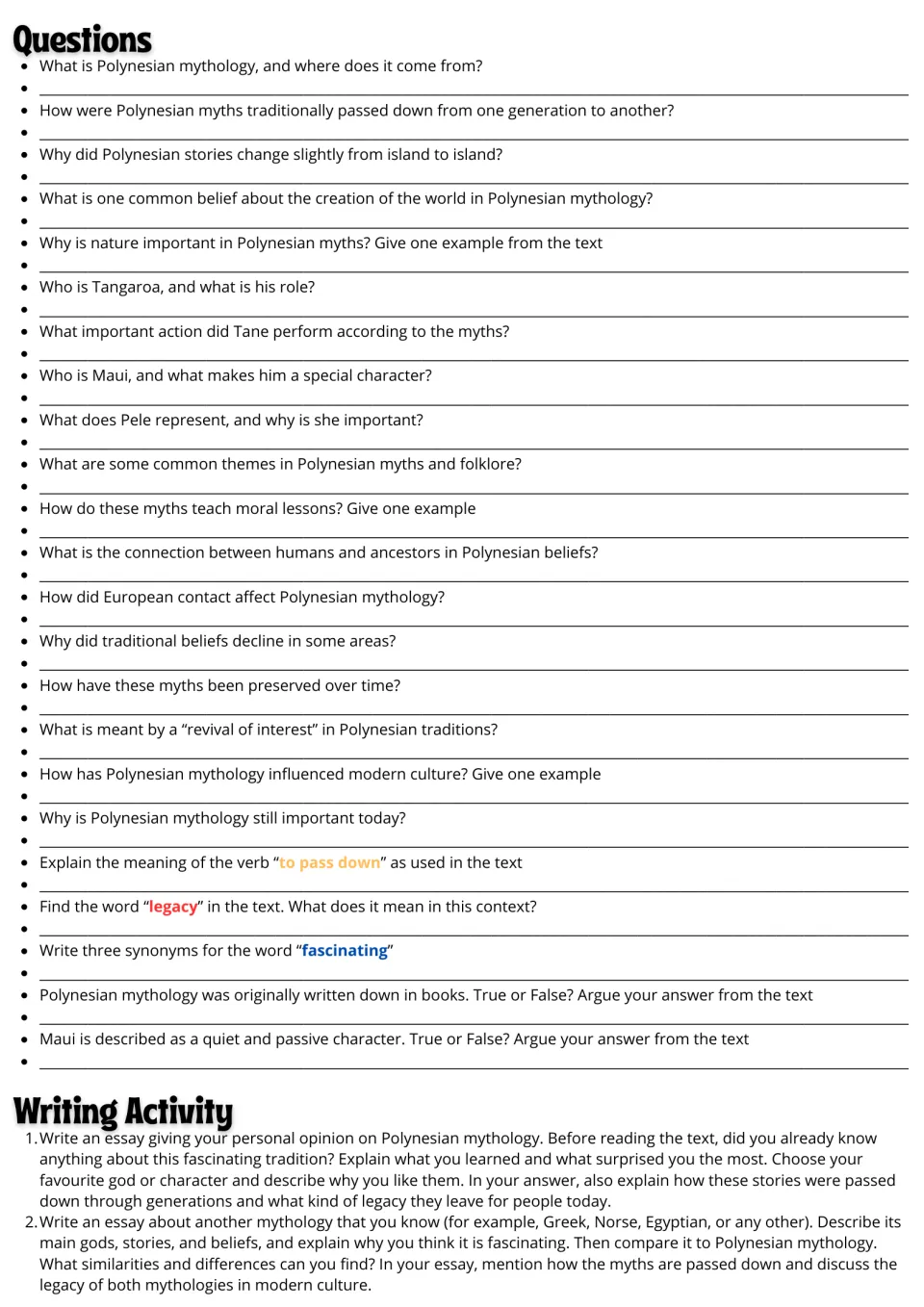 Practice for the reading: 23 comprehension and vocabulary questions plus two mythology essay prompts.