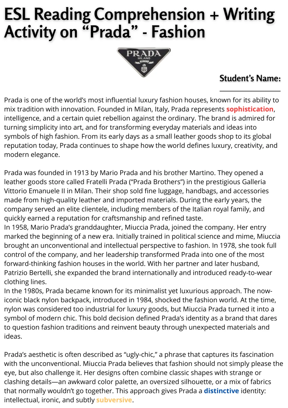 Prada reading passage, part 1: origins in Milan, Miuccia Prada, the nylon backpack, and “ugly-chic” style.