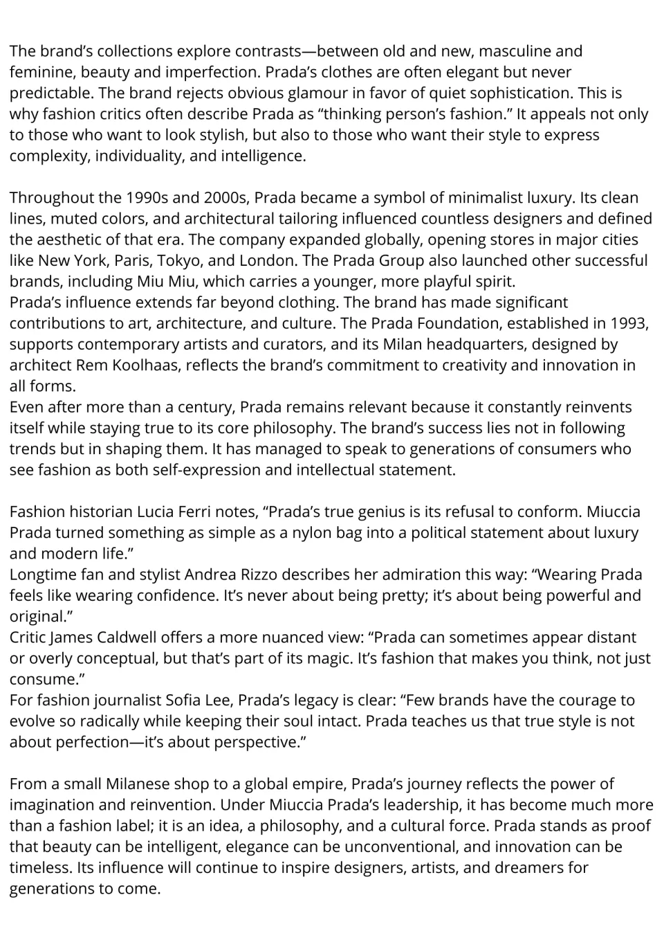 Prada reading passage, part 2: global expansion, the Prada Foundation, cultural influence, and opinions.