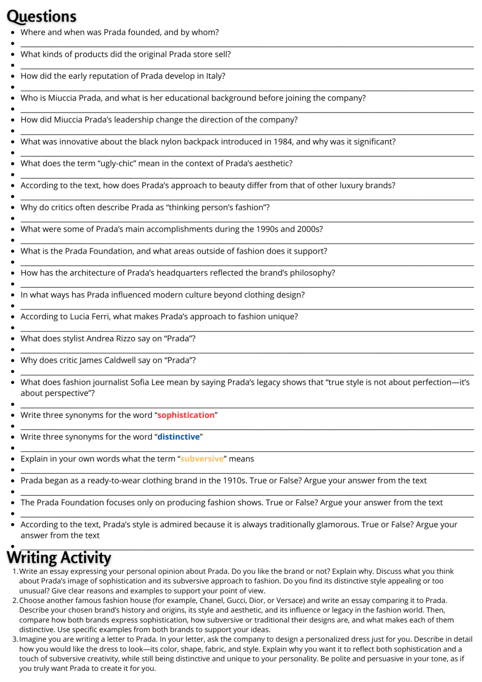 Prada follow-up: 23 comprehension and vocabulary questions plus three prompts for essays and a letter.
