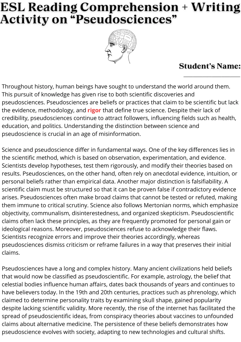 Pseudosciences reading passage: students read how science differs from pseudoscience, with astrology and phrenology history