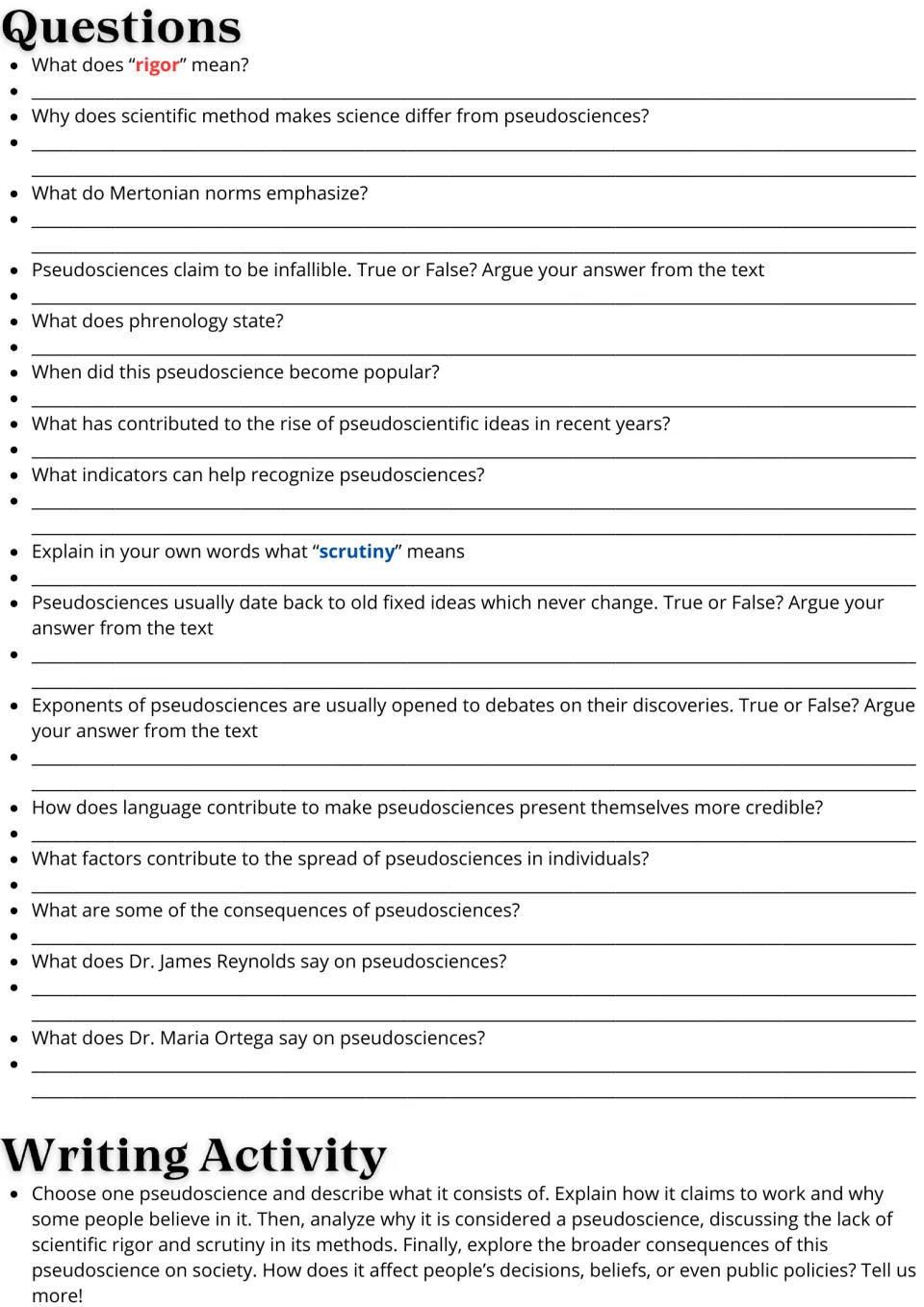 Pseudoscience questions: students define rigor and scrutiny, argue true or false from the text, then write about one example