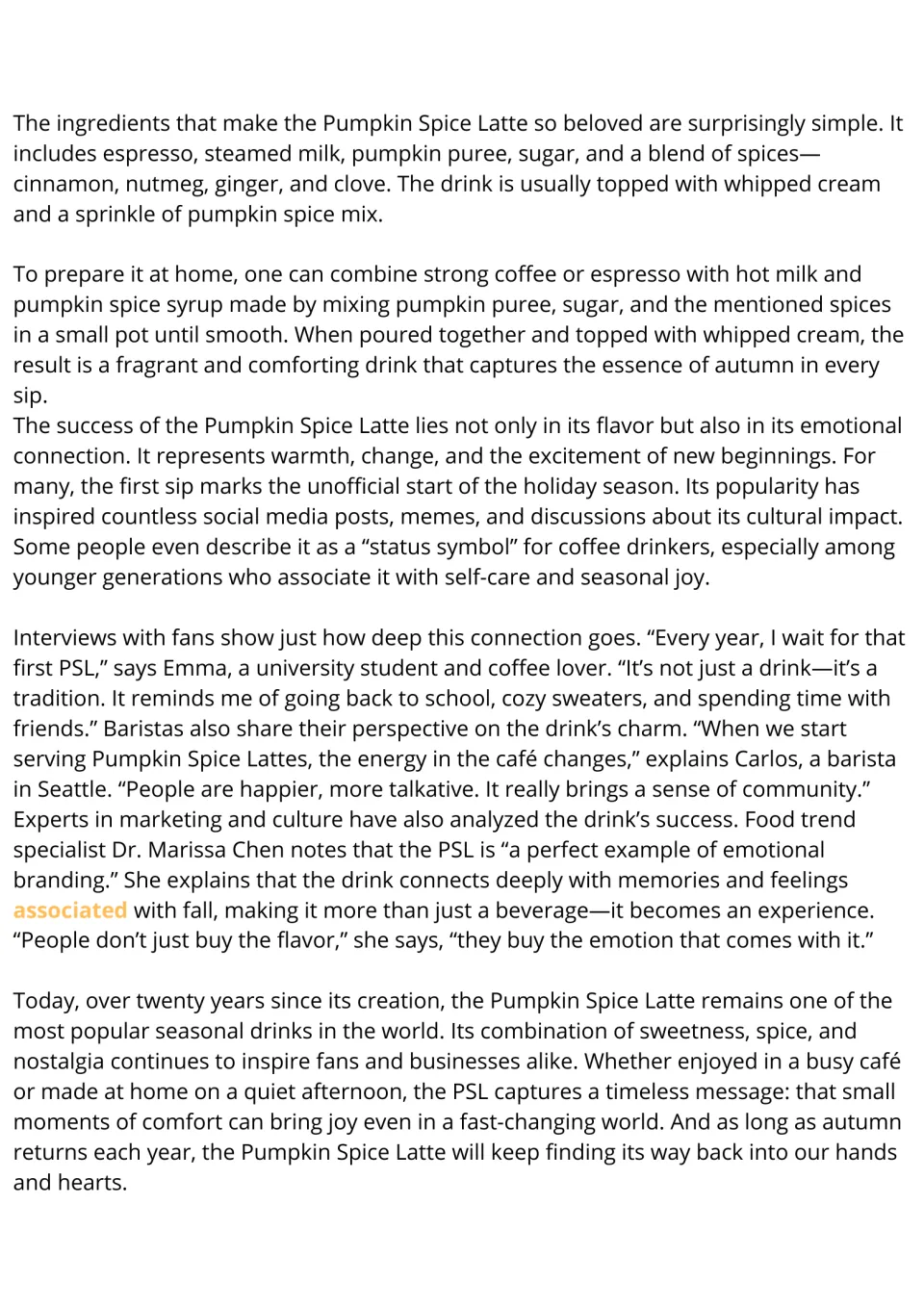 Reading passage continuation: pumpkin spice latte ingredients, home preparation, and connections to fall.