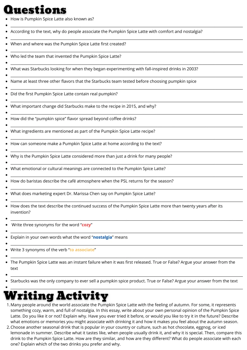 21 reading and vocabulary questions about pumpkin spice lattes, plus two personal and comparative writing prompts.