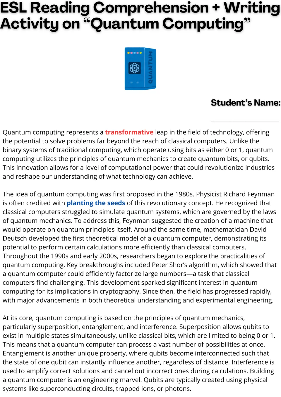 Quantum computing reading, part 1: students read about qubits, Feynman's early idea, superposition and entanglement