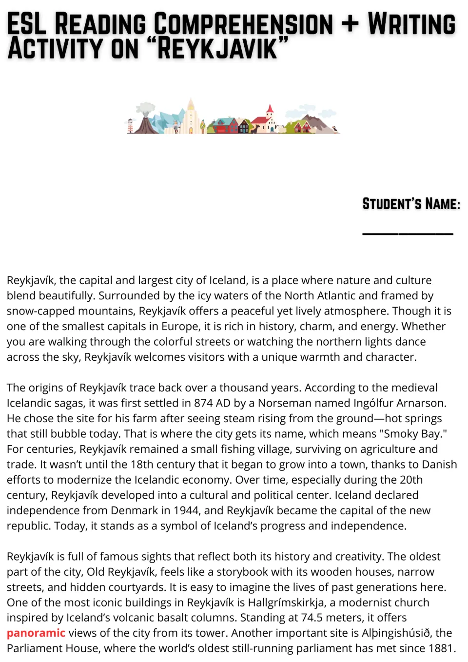 Opening reading passage on Reykjavík: Iceland's capital, settlement in 874 AD, history, and famous sights.