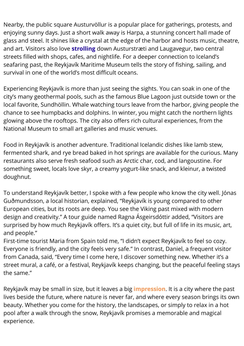 Reading passage continuation on Reykjavík: attractions, activities, food, and local and visitor perspectives.