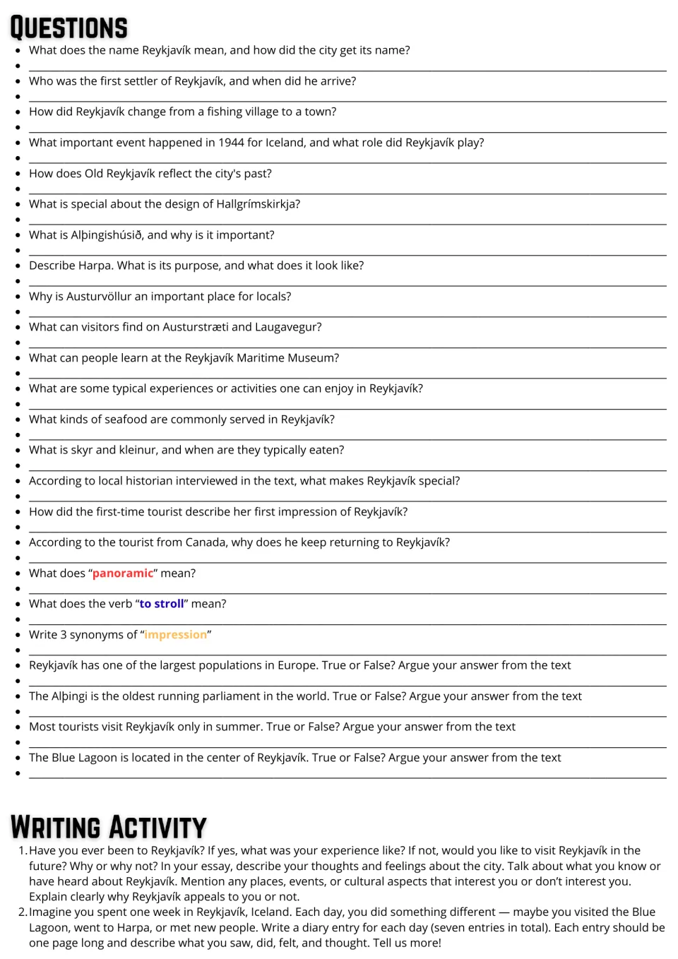 Reykjavík reading follow-up: 24 comprehension and vocabulary questions plus essay and seven-day diary prompts.