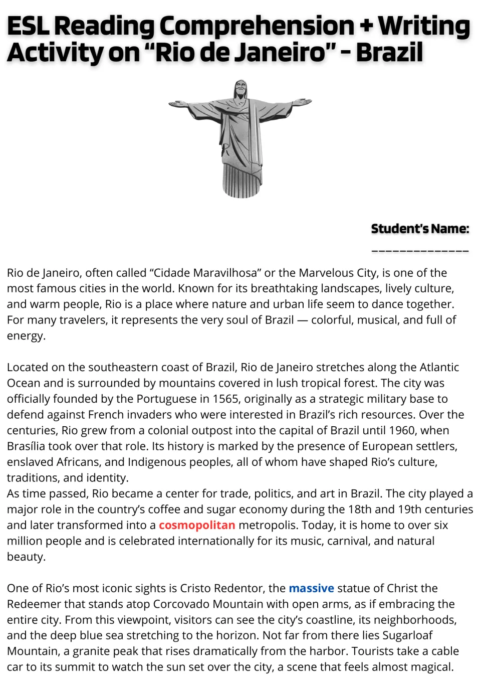 Opening ESL reading passage on Rio de Janeiro, covering its location, history, and famous landmarks.