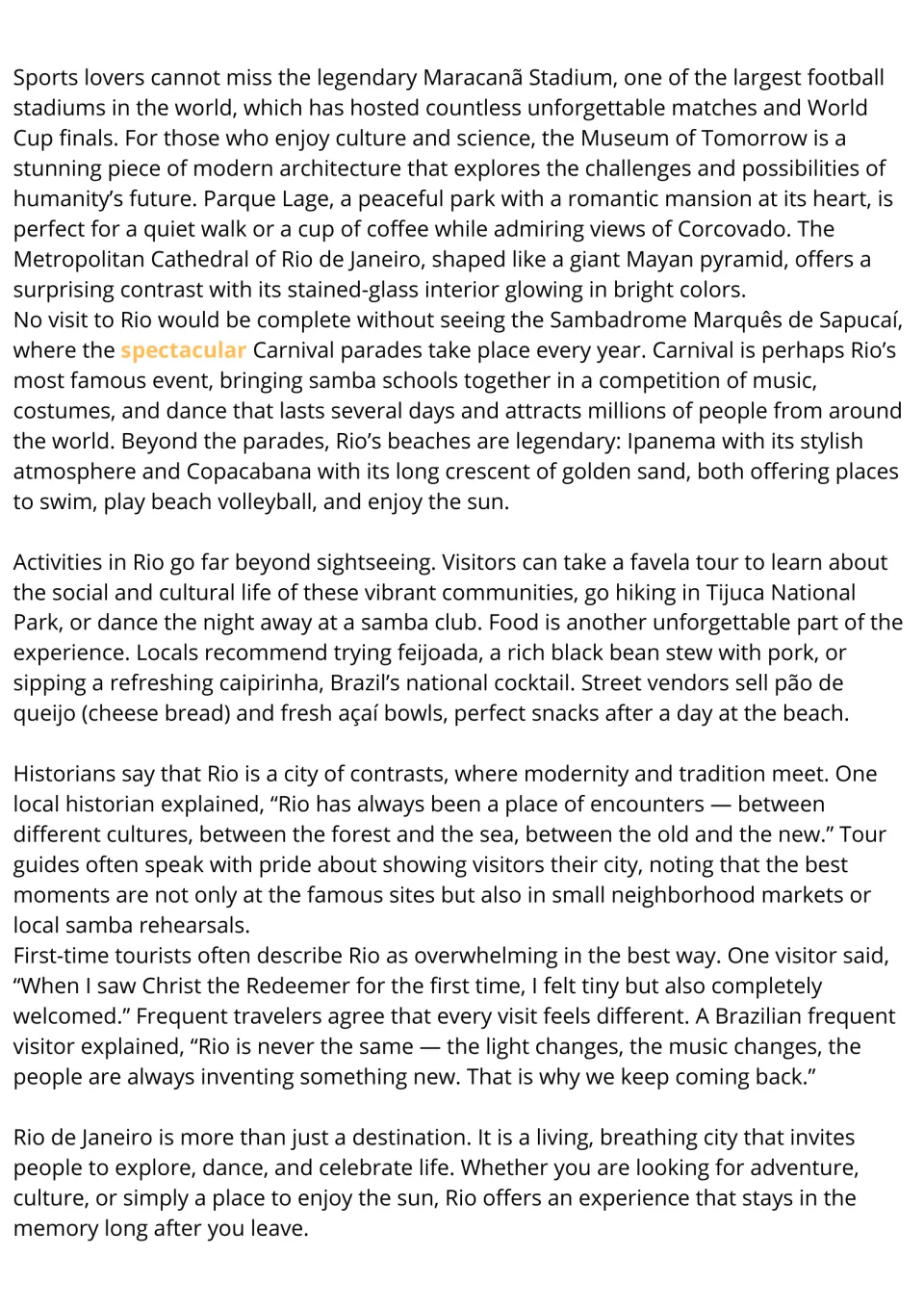 ESL reading passage continued: Rio's attractions, Carnival, beaches, food, and visitor perspectives.
