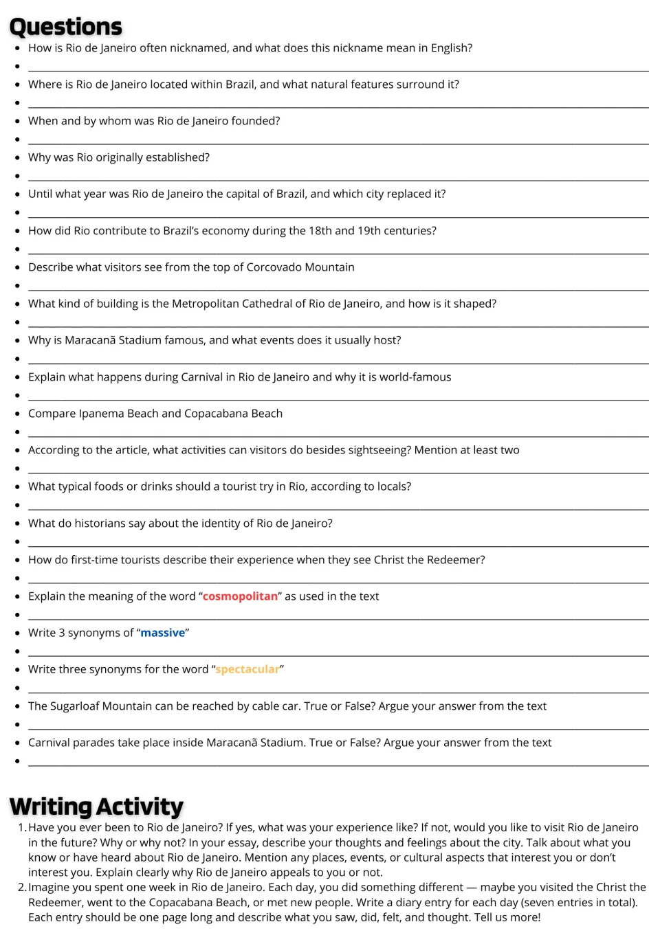 Reading response page with 20 comprehension and vocabulary questions plus two Rio de Janeiro writing prompts.