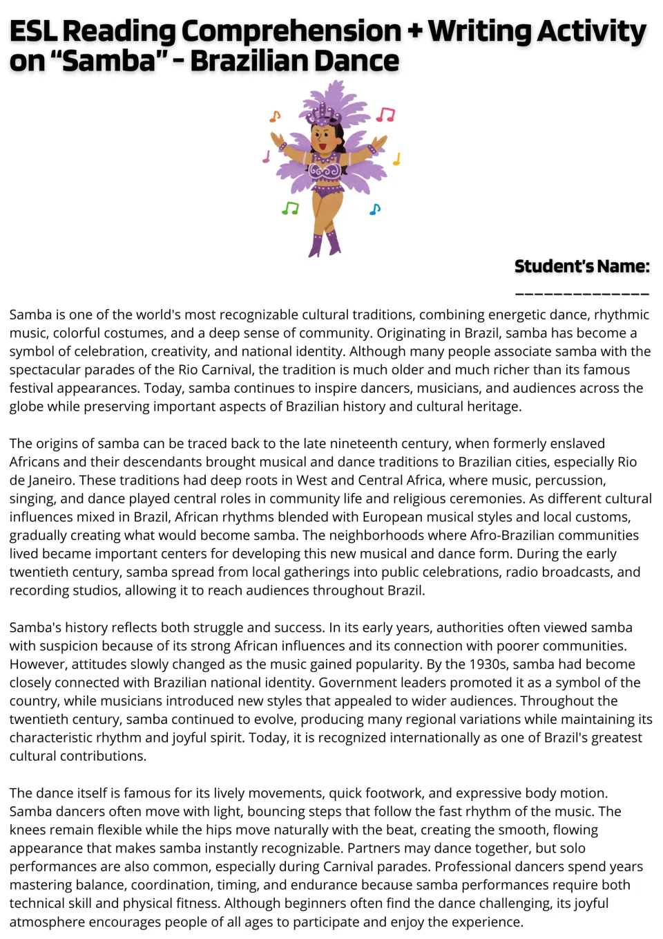 Samba reading passage, part 1: Brazilian origins, African influences, national identity, and dance movements.