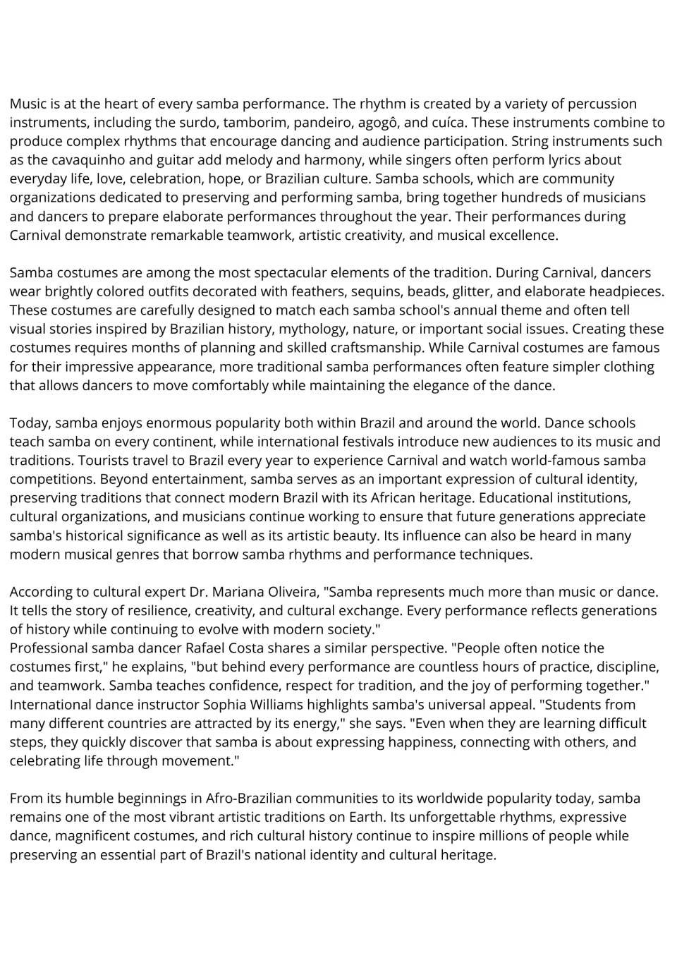 Samba reading passage, part 2: instruments, Carnival costumes, global popularity, and performers' perspectives.