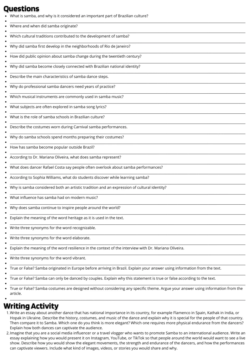 Samba follow-up tasks: 28 comprehension, vocabulary, and true-or-false questions plus two essay prompts.