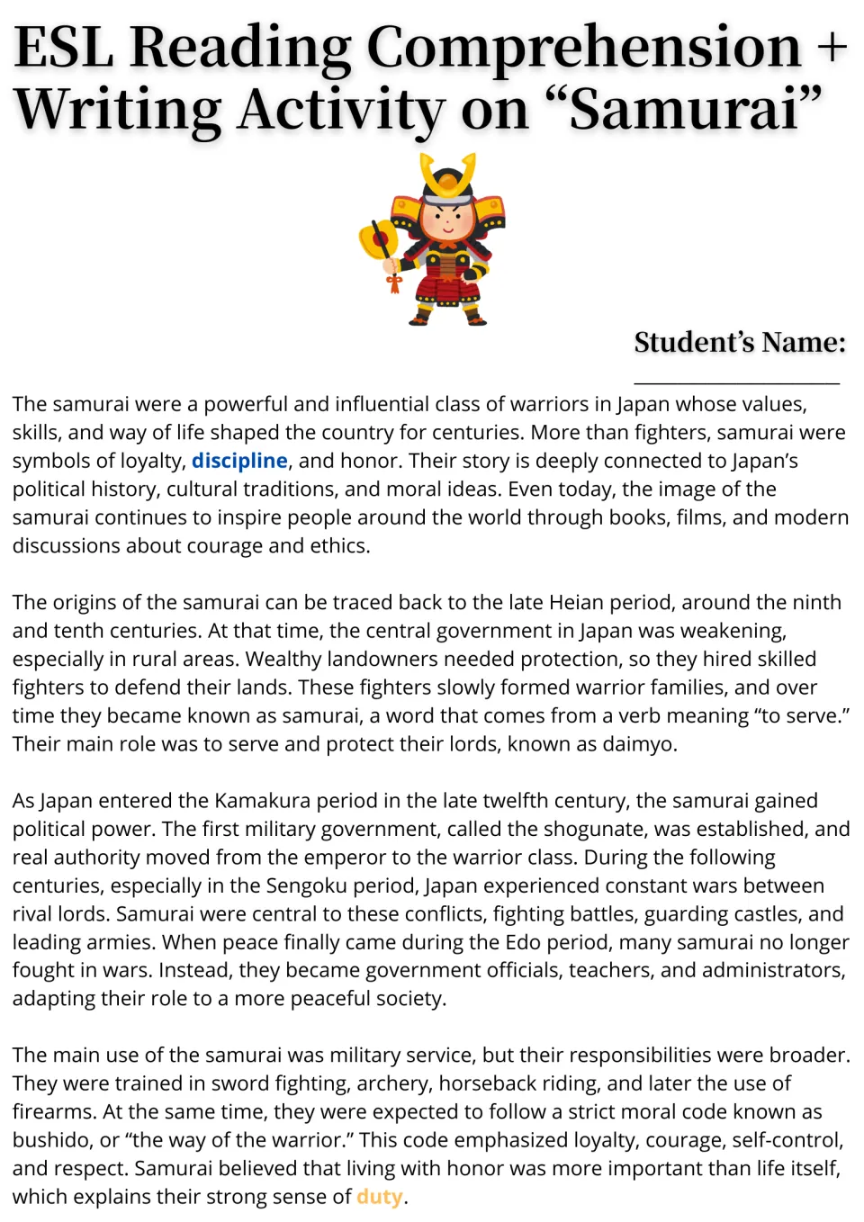 Samurai reading passage, part 1: students read about Heian origins, the Kamakura shogunate, Edo officials and bushido