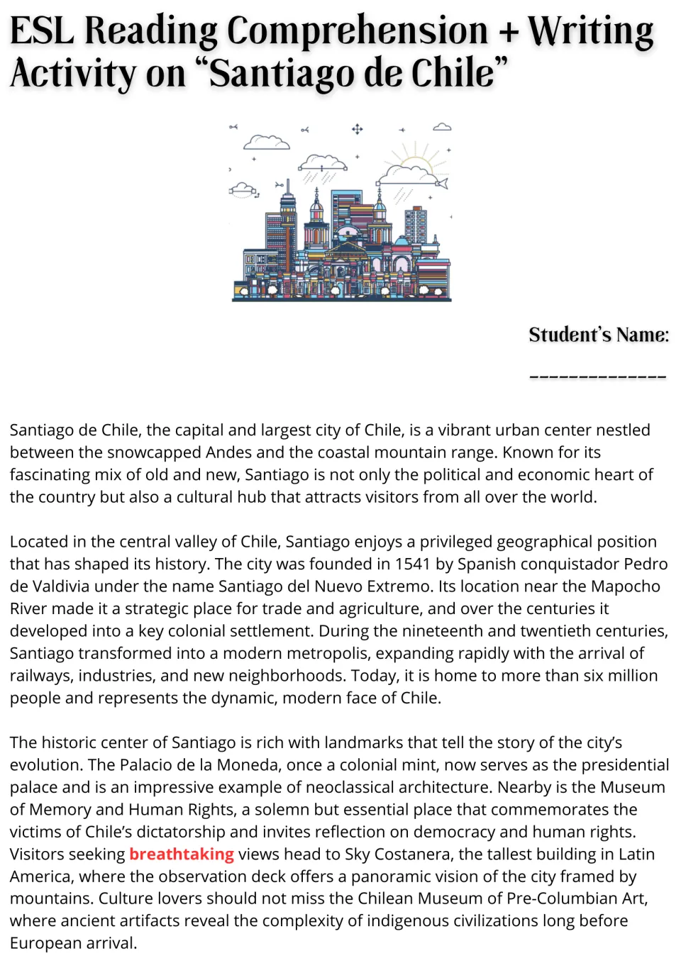 Opening reading passage on Santiago de Chile: geography, founding in 1541, growth, and historic landmarks