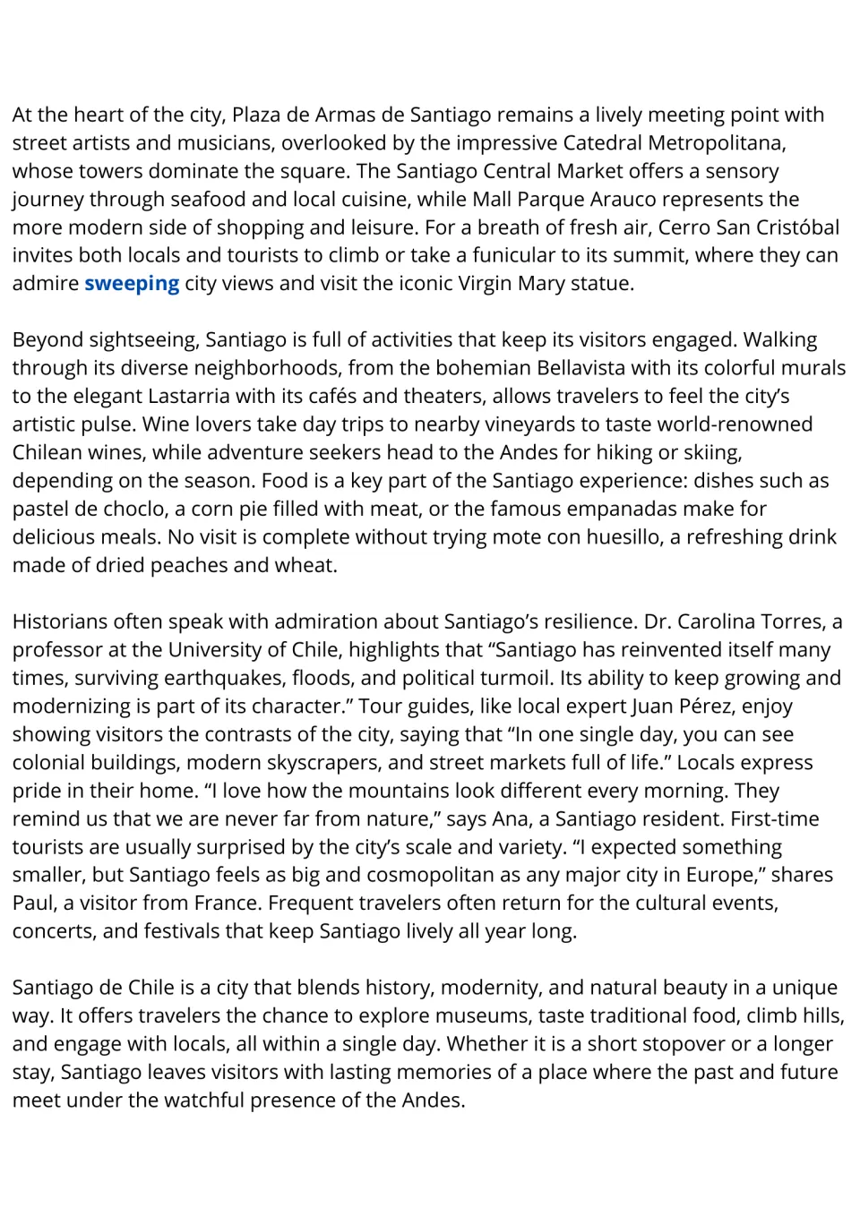 Reading passage continuation on Santiago: sights, neighborhoods, food, and residents’ and visitors’ views