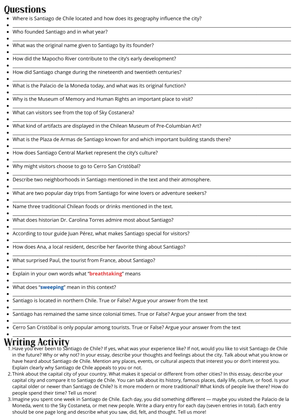 Santiago reading follow-up: 24 comprehension questions and three writing prompts, including a travel diary