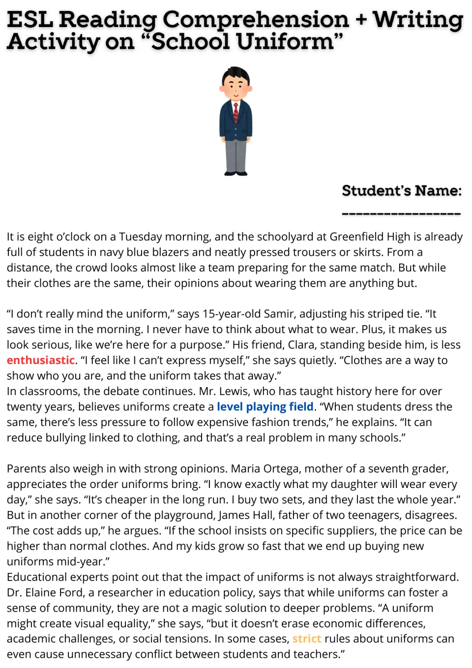 School uniform debate article, part 1: students read views from Samir, Clara, Mr. Lewis and parents on cost and bullying