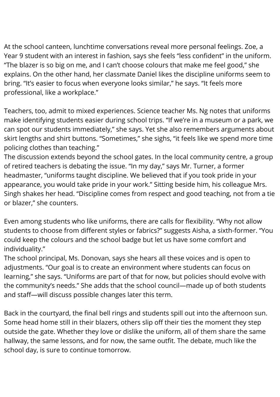 Uniform debate, part 2: students finish reading views from Zoe, Ms. Ng, retired teachers and the principal on flexibility