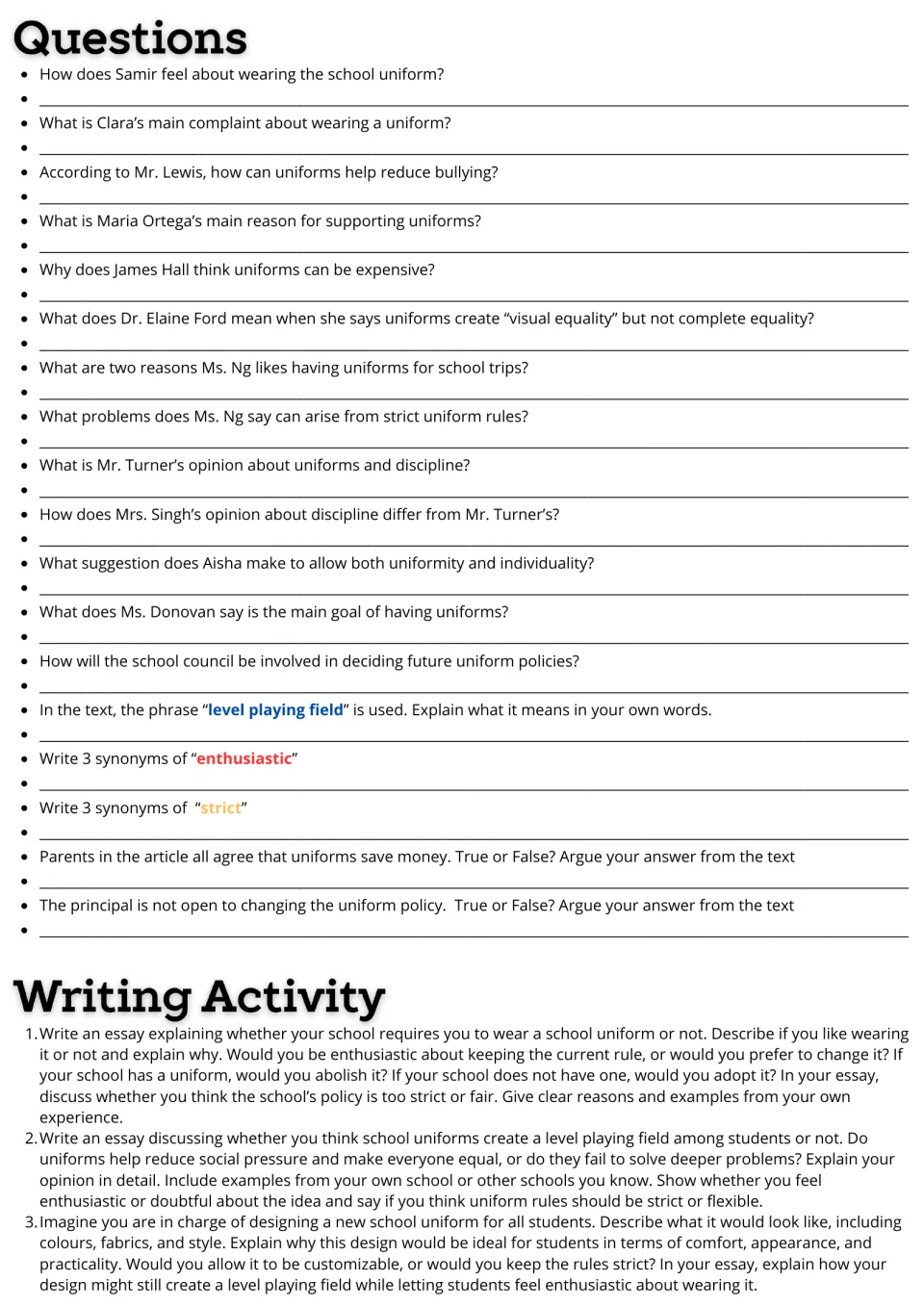 Uniform debate questions: 18 comprehension, synonym and true-or-false items, then three essay prompts on uniform policy