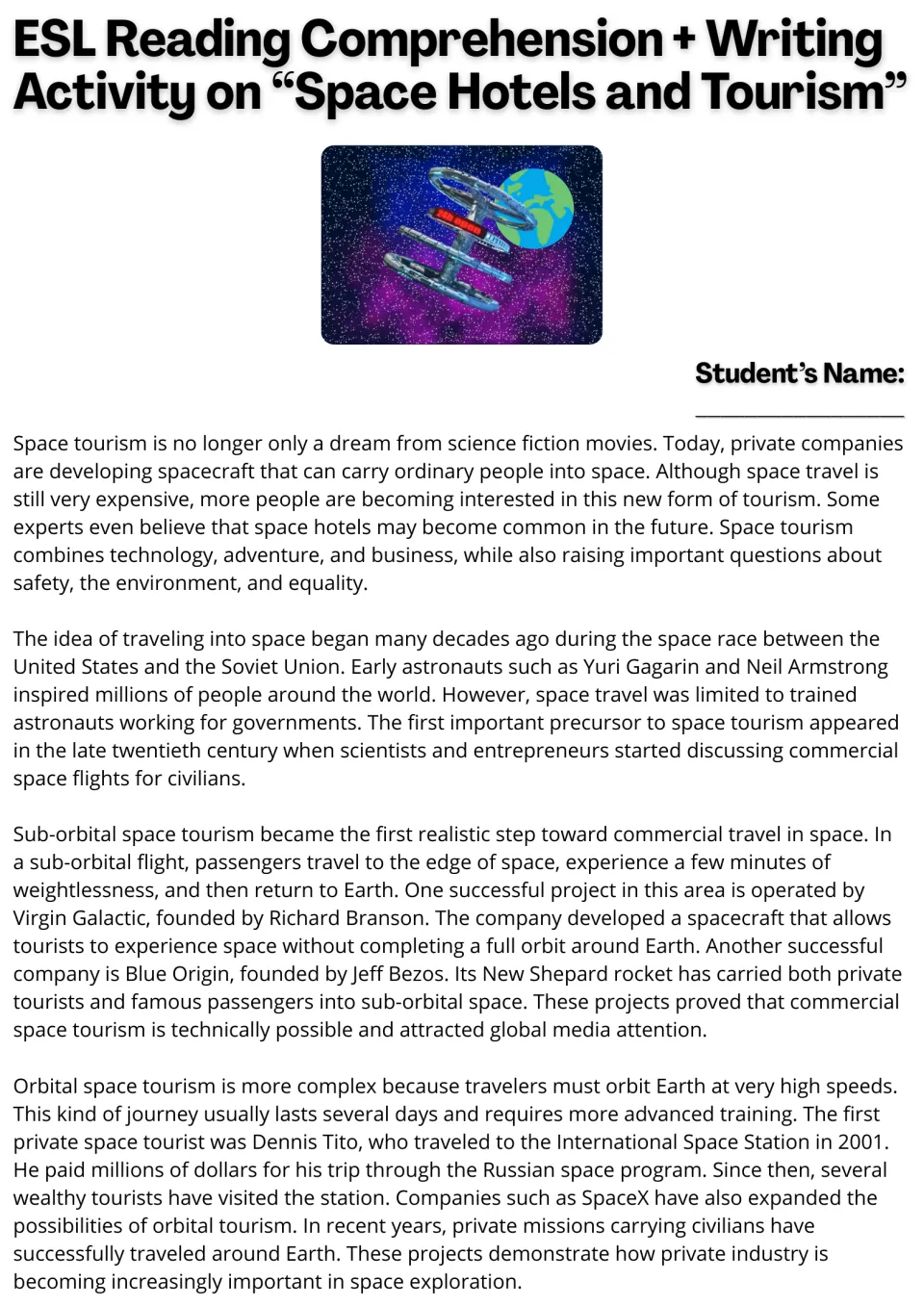 Space hotels and tourism reading, part 1: students read about the space race, sub-orbital flights and Dennis Tito