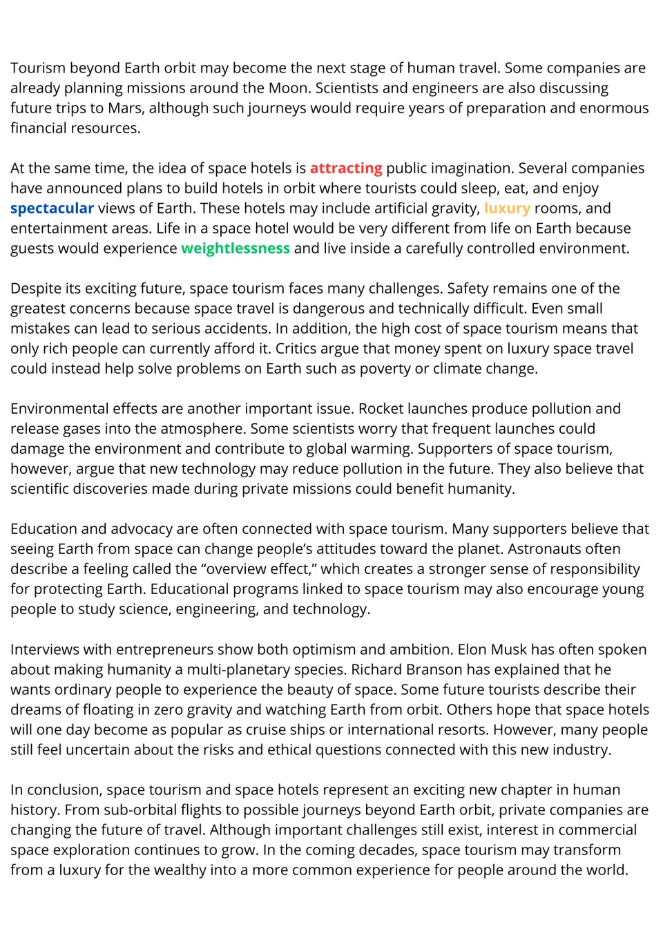 Space tourism reading, part 2: orbital hotels, safety, cost, pollution and the overview effect, with 4 key words in color