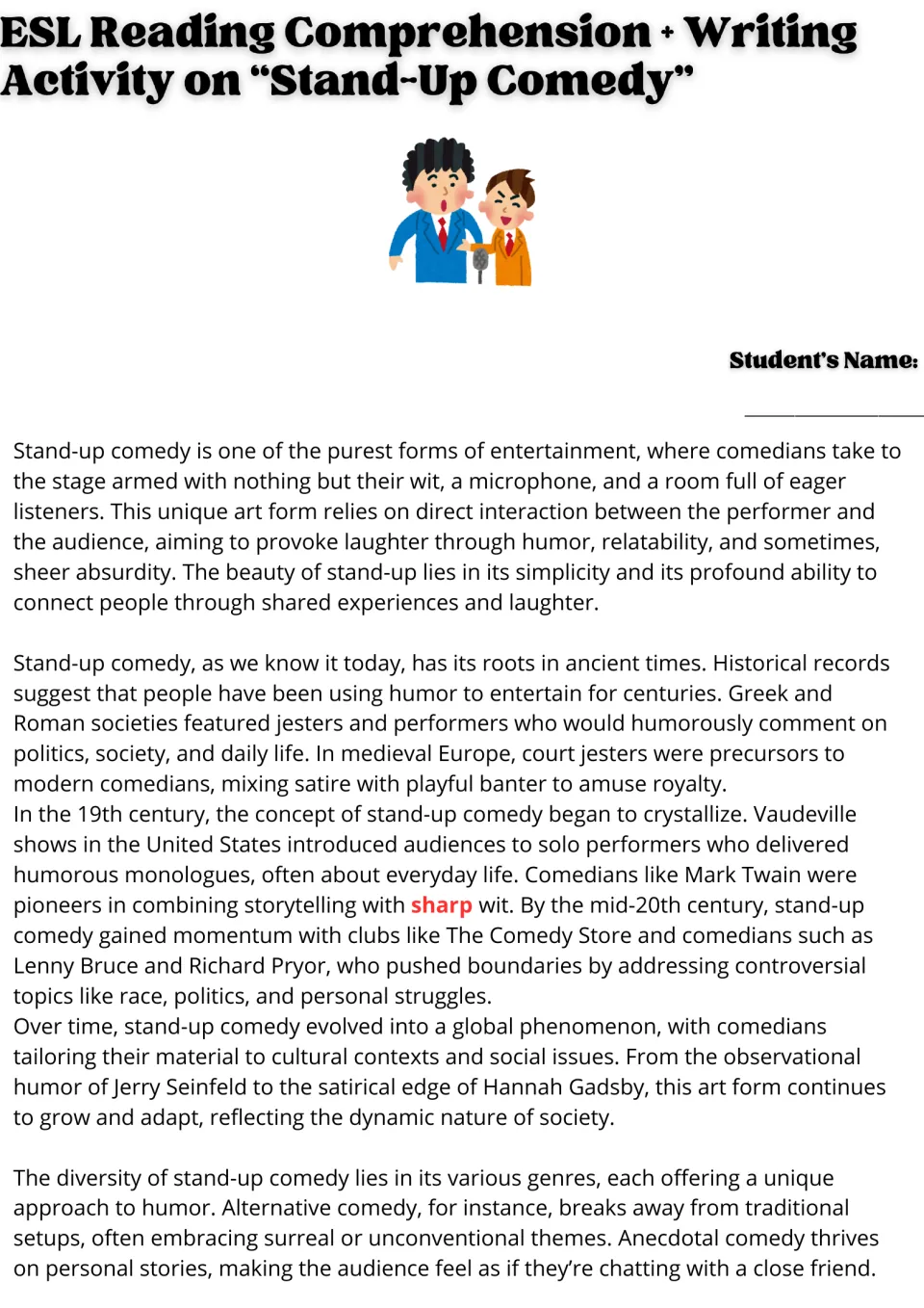 Stand-up comedy reading passage, part 1: history from ancient jesters to vaudeville and Richard Pryor; vocab word sharp in red