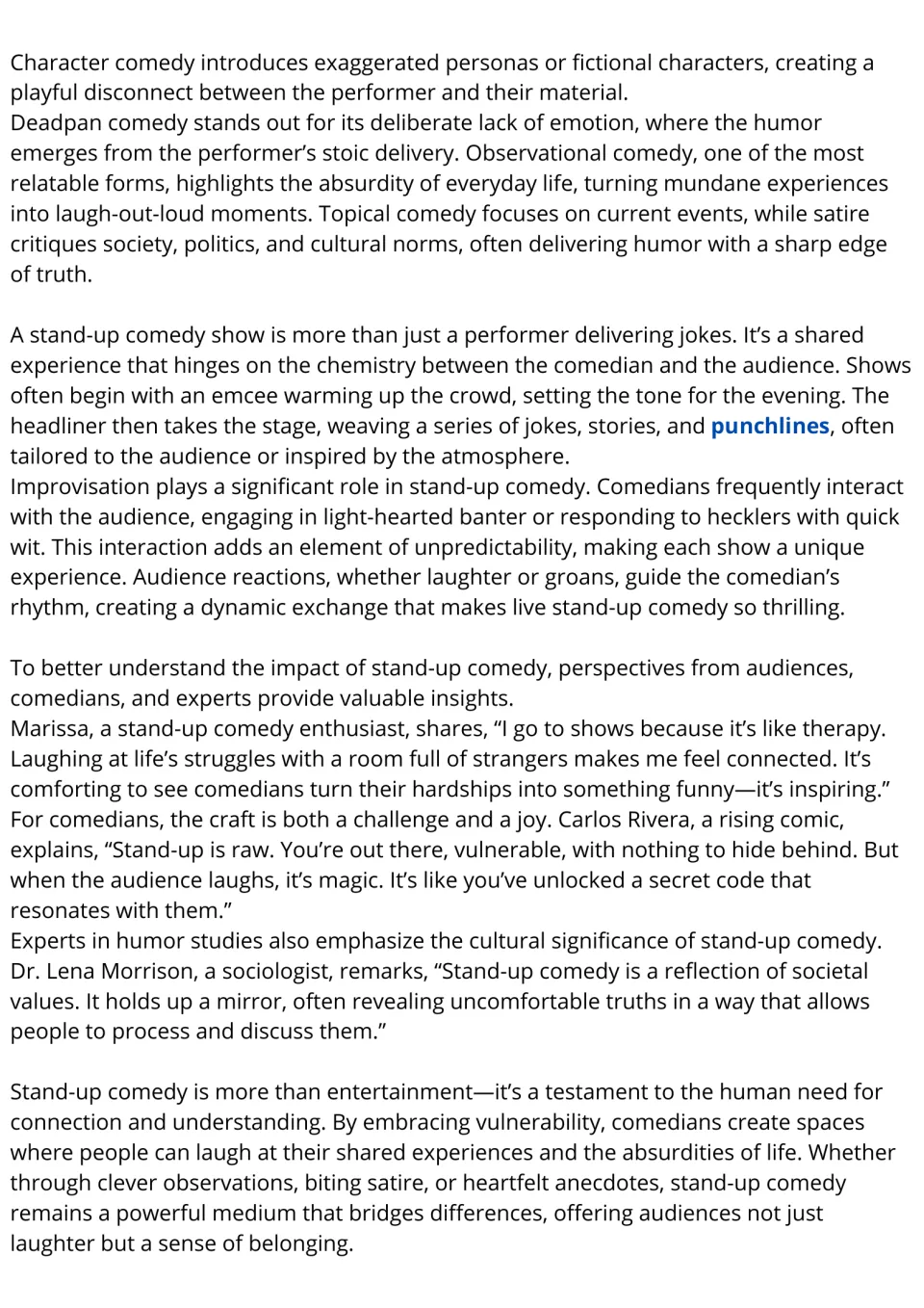 Stand-up comedy passage, part 2: genres like deadpan and satire, live shows, and quotes from a fan, comic and sociologist