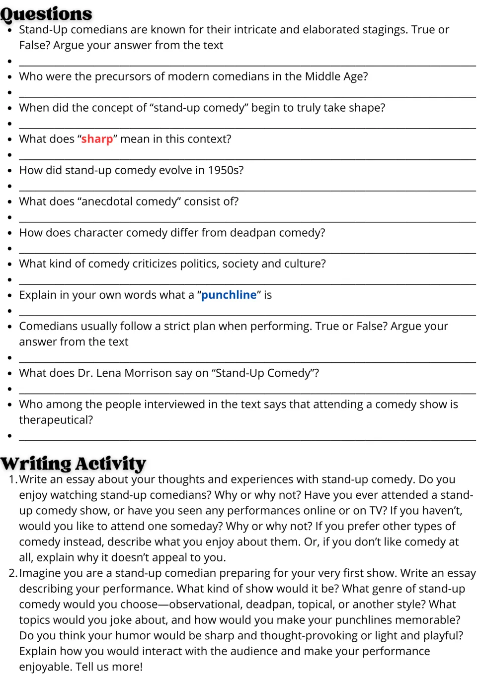 Stand-up comedy questions: students answer 12 text-based items, then write essays on watching or performing comedy