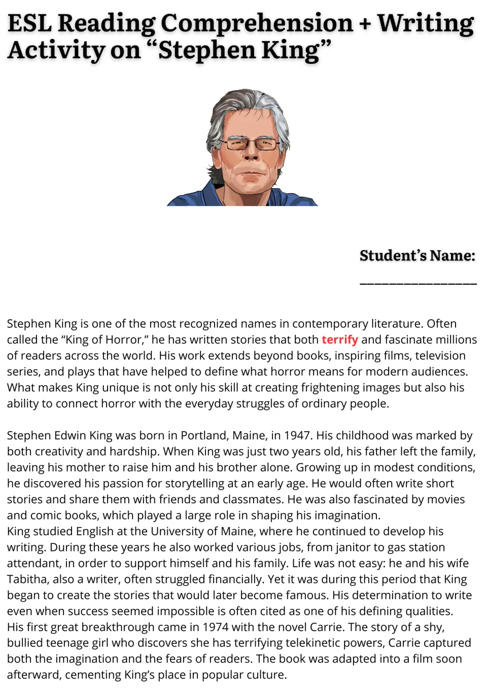Reading passage opening: Stephen King's childhood, education, early jobs, and breakthrough novel Carrie.
