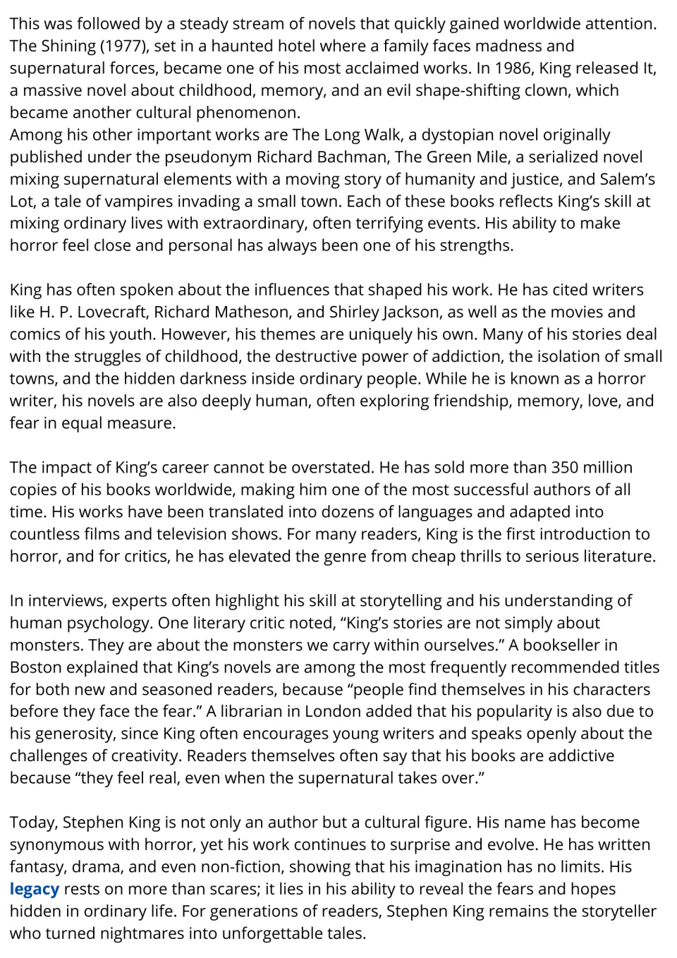 Reading passage continuation: Stephen King's novels, literary influences, recurring themes, and legacy.