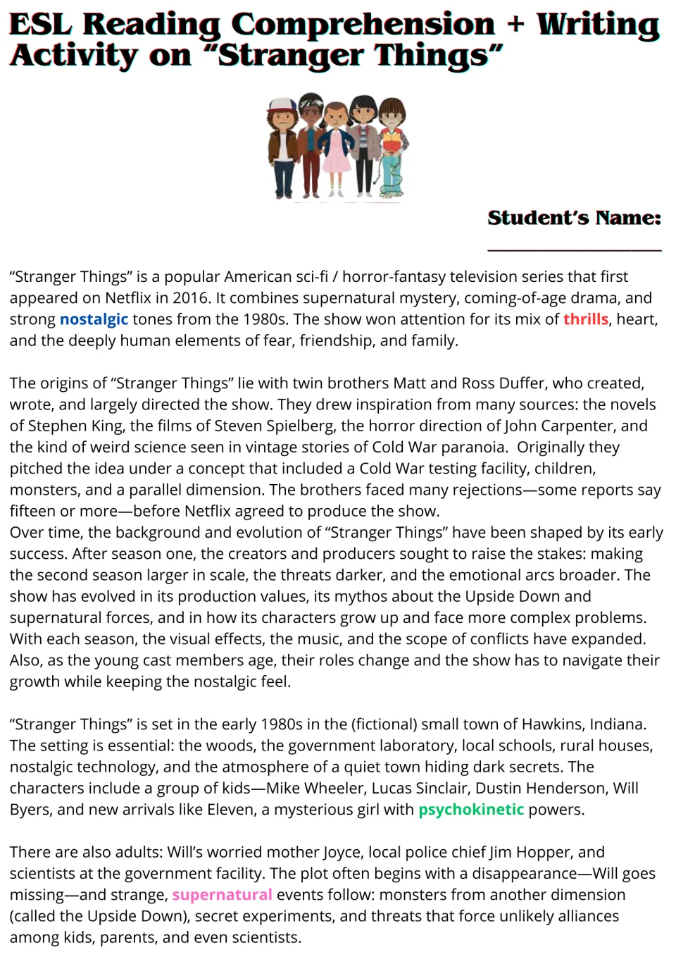 Stranger Things reading passage on the show's origins, Hawkins setting and characters, with vocabulary words highlighted