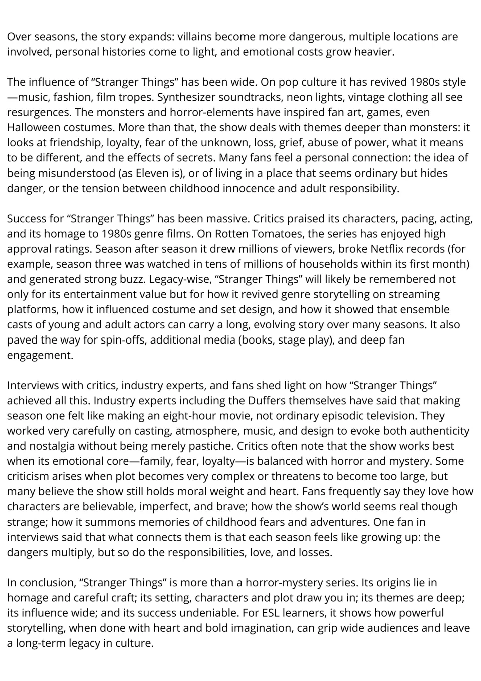 Reading passage part two: the show's influence on 1980s pop culture, its themes, critical success and fan interviews