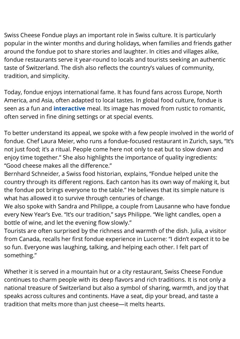 Fondue passage, part 2: students read about its place in Swiss culture and quotes from a chef, historian and tourist