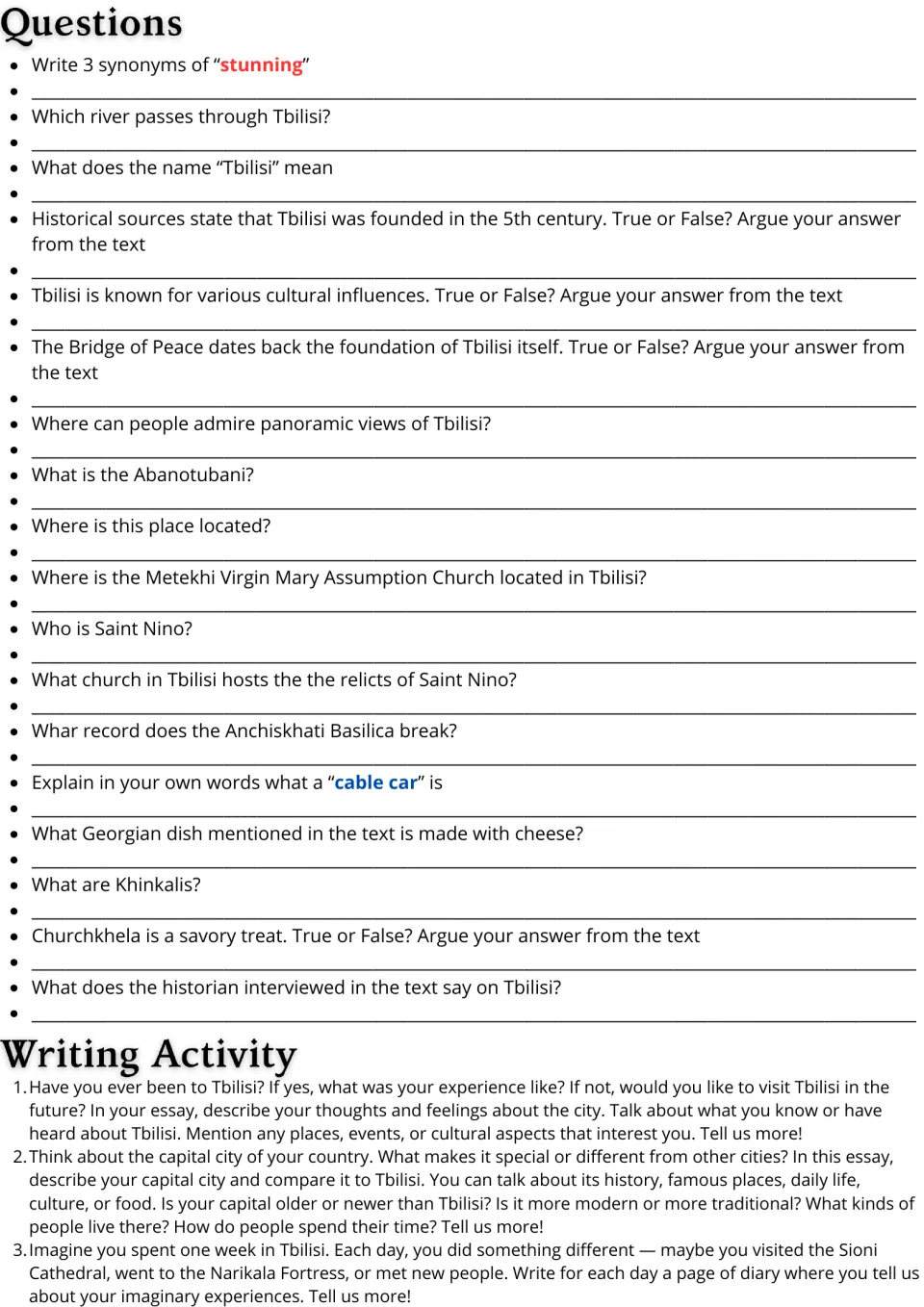 Follow-up activities: 18 comprehension questions about Tbilisi and three essay or diary writing prompts.