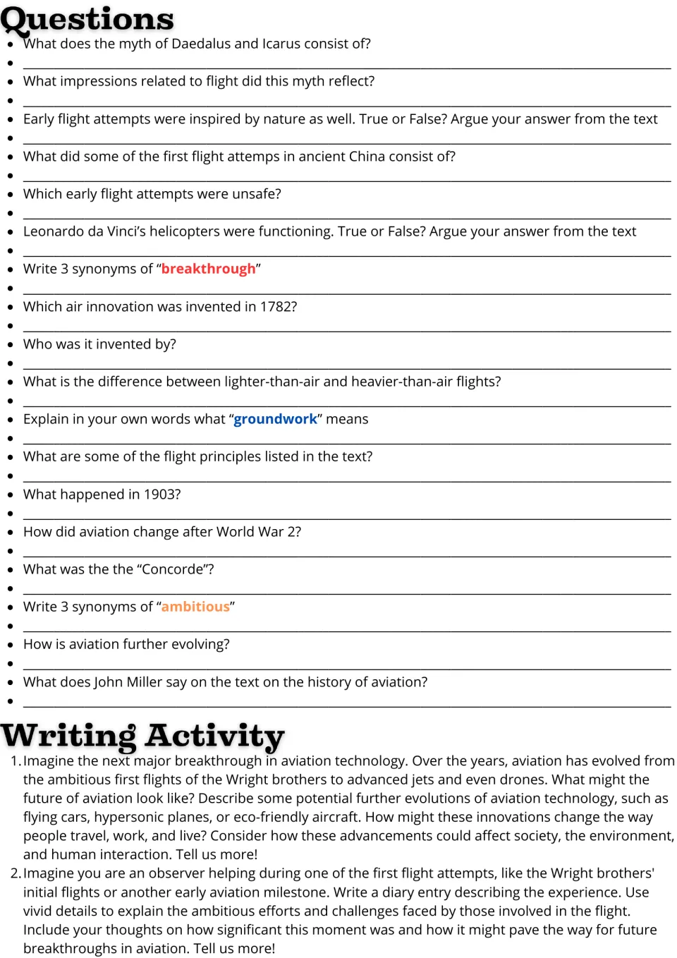 Aviation questions: students answer 18 comprehension and synonym items, then write about future flight or a diary entry